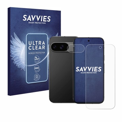 Front side of a product packaging with the brand logo Savvies. Next to it is the device Google Pixel 9 (Front+Camera) shown wi