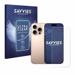 Vorderseite einer Produktverpackung mit dem Markenlogo Savvies. Daneben ist das Gerät Apple iPhone 16 Pro Max (Display+Kamera)