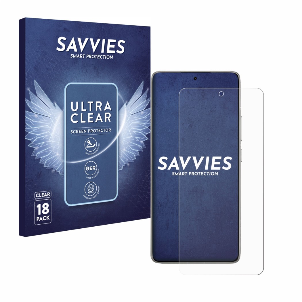 Front side of a product packaging with the brand logo Savvies. Next to it is the device Xiaomi 14T Pro shown with the correspo