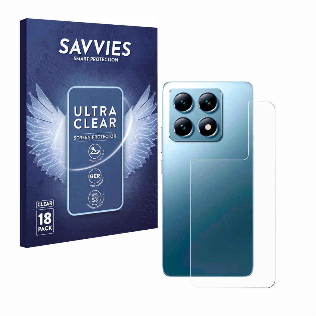 Front side of a product packaging with the brand logo Savvies. Next to it is the device Xiaomi 14T Pro (Back) shown with the c