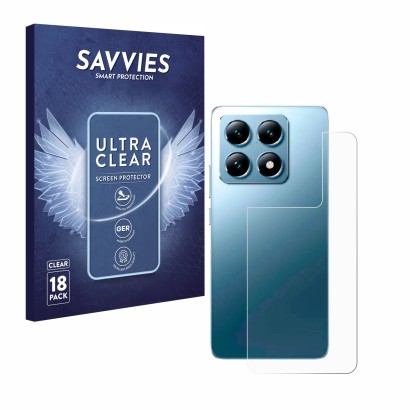 Front side of a product packaging with the brand logo Savvies. Next to it is the device Xiaomi 14T Pro (Back) shown with the c