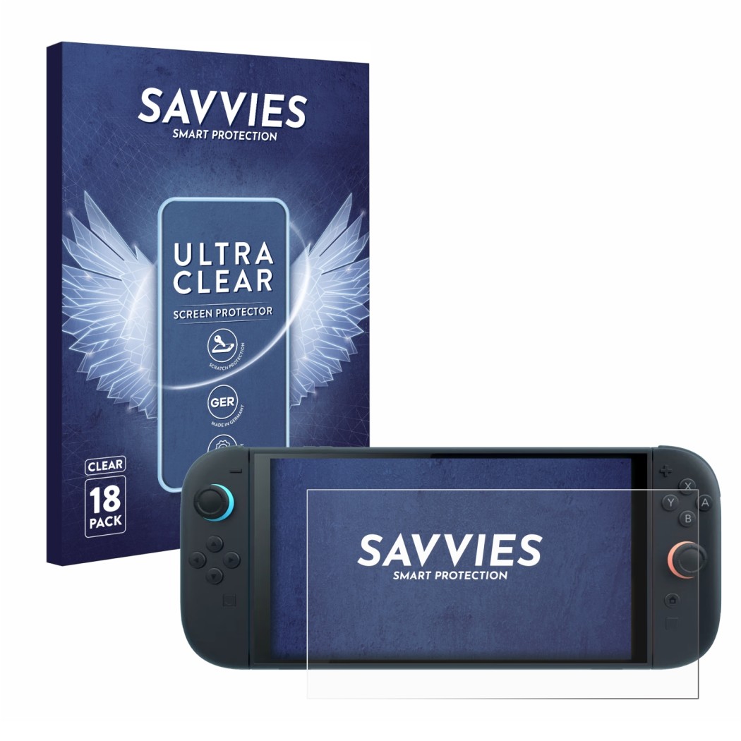 Vorderseite einer Produktverpackung mit dem Markenlogo Savvies. Daneben ist das Gerät Nintendo Switch 2 mit dem zugehörigen Di