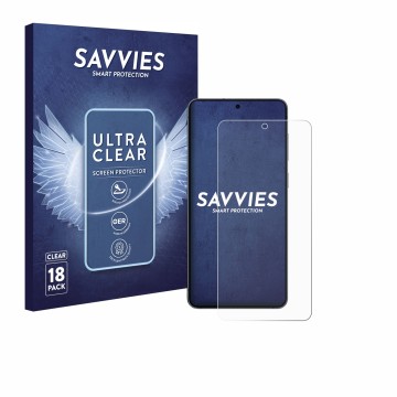 Vorderseite einer Produktverpackung mit dem Markenlogo Savvies. Daneben ist das Gerät Samsung Galaxy S25 Edge mit dem zugehöri