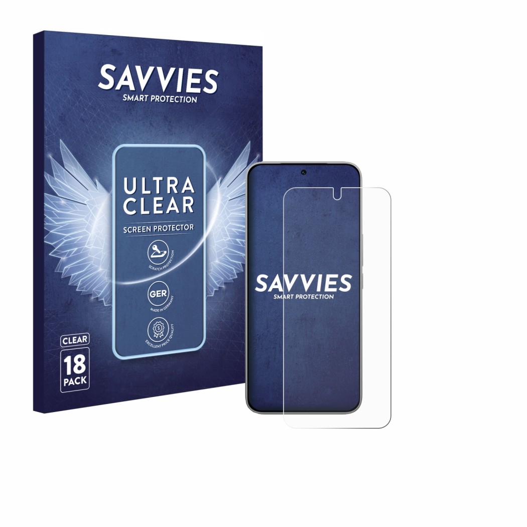 Parte frontal de un envase de producto con el logotipo de la marca Savvies. Al lado se muestra el dispositivo Tecno Pova 7 Pro