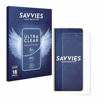 Front side of a product packaging with the brand logo Savvies. Next to it is the device Honor Magic V5 shown with the correspo
