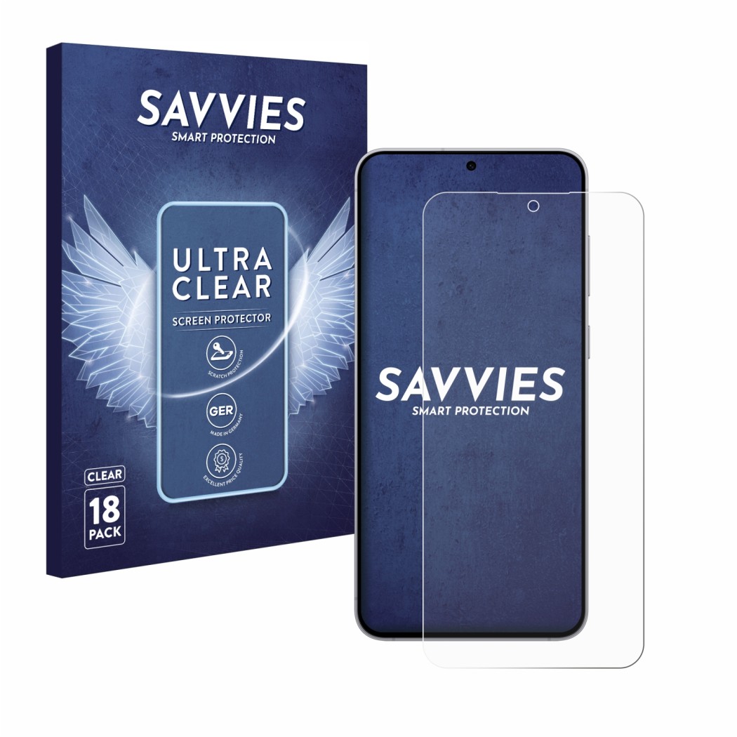 Vorderseite einer Produktverpackung mit dem Markenlogo Savvies. Daneben ist das Gerät Samsung Galaxy S25 FE mit dem zugehörige