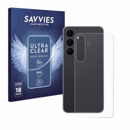 Vorderseite einer Produktverpackung mit dem Markenlogo Savvies. Daneben ist das Gerät Samsung Galaxy S25 FE (Rückseite) mit de