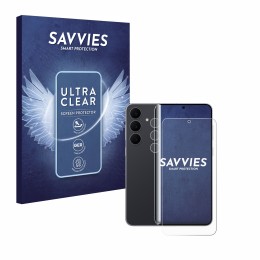 Vorderseite einer Produktverpackung mit dem Markenlogo Savvies. Daneben ist das Gerät Samsung Galaxy S25 FE (Display+Kamera) m
