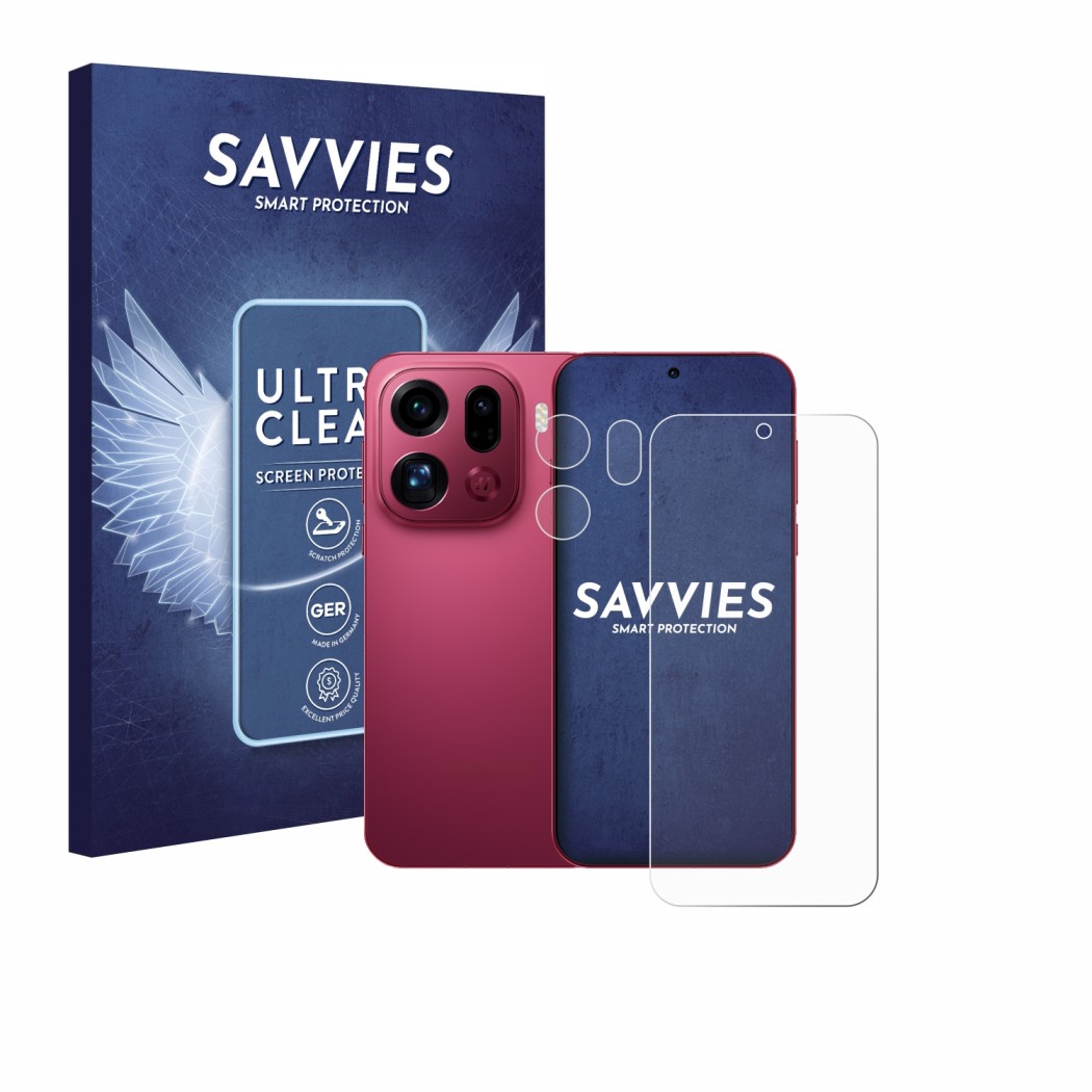 Front side of a product packaging with the brand logo Savvies. Next to it is the device Oppo Find X9 Pro (Front+Camera) shown 