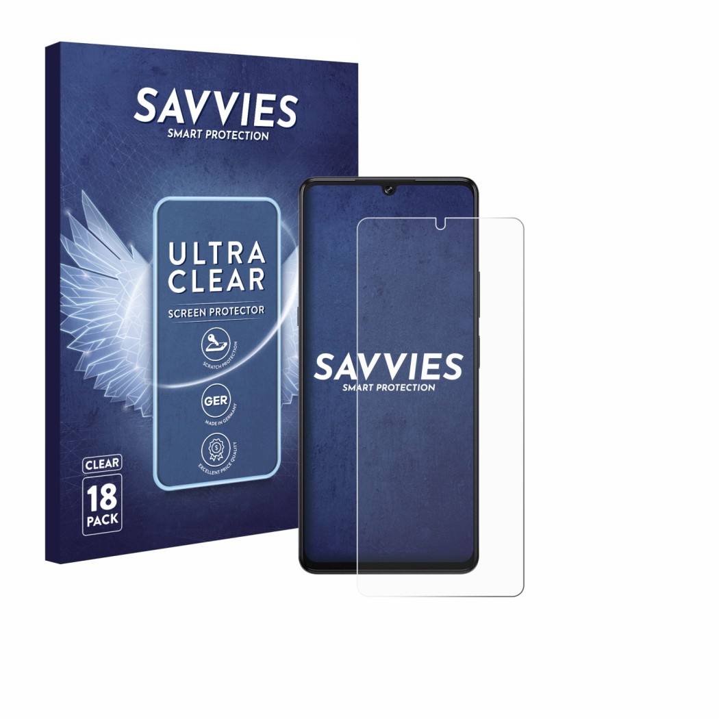 Vorderseite einer Produktverpackung mit dem Markenlogo Savvies. Daneben ist das Gerät Cubot X100 mit dem zugehörigen Displaysc