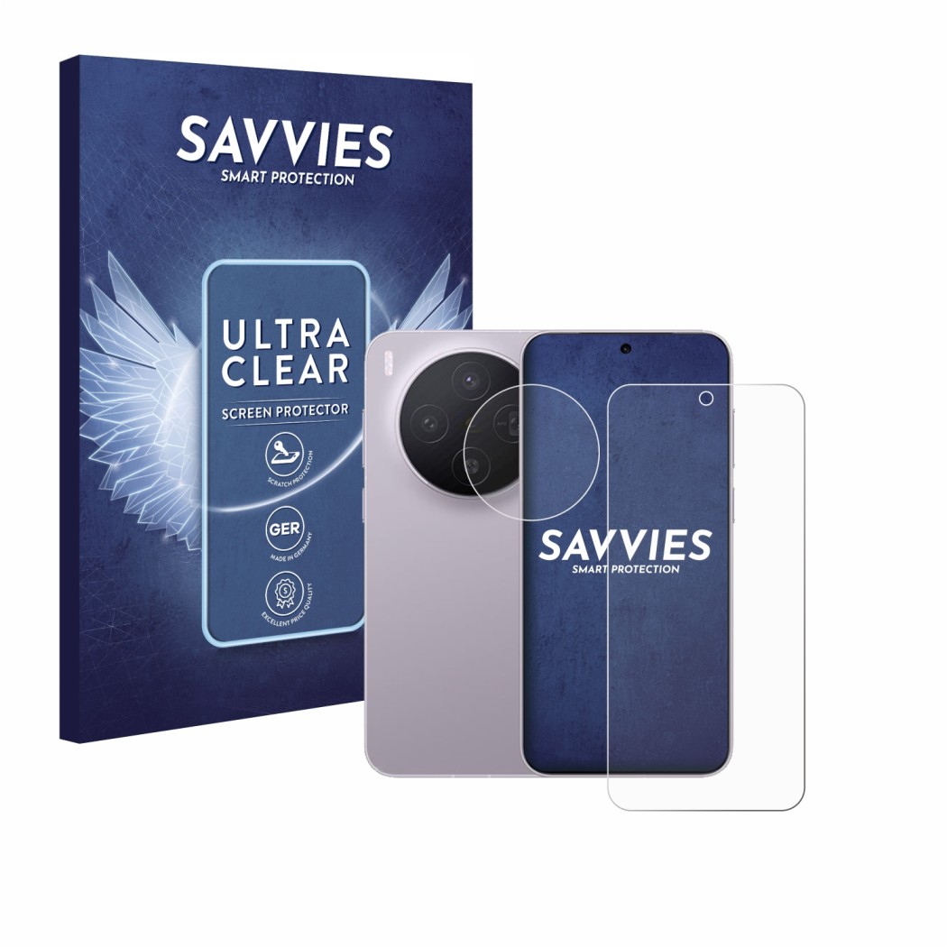Face avant d’un emballage produit avec le logo de la marque Savvies. À côté, l’appareil Vivo X300 (Avant+Caméra) est représent
