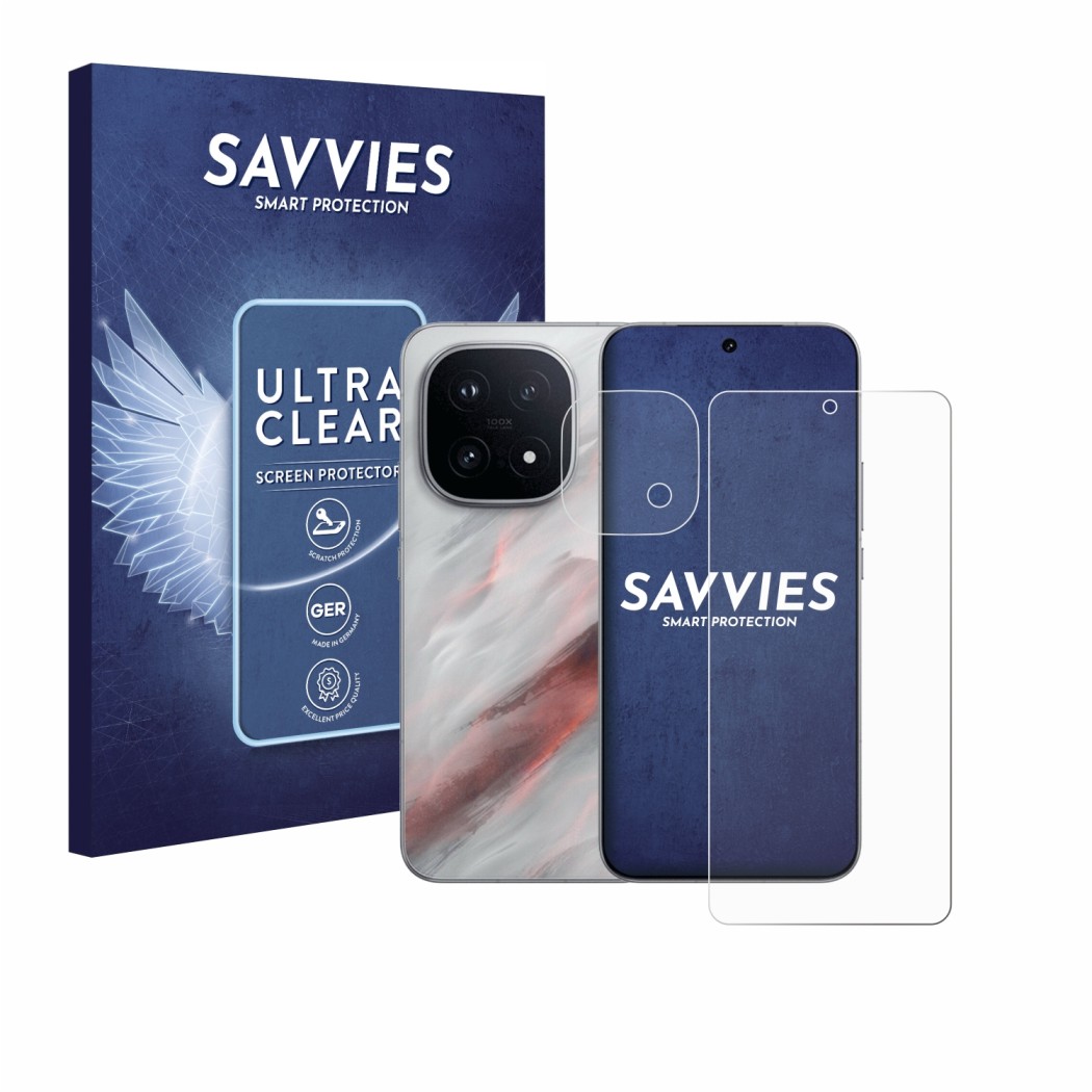 Parte frontal de un envase de producto con el logotipo de la marca Savvies. Al lado se muestra el dispositivo Vivo iQOO 15 (Fr