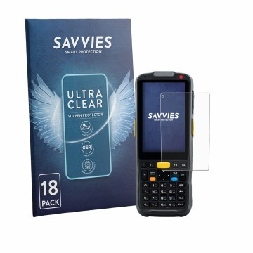 Front side of a product packaging with the brand logo Savvies. Next to it is the device Newland PT60 Narvalo shown with the co