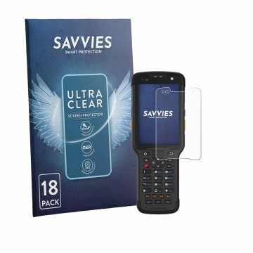 Front side of a product packaging with the brand logo Savvies. Next to it is the device Newland Speedata SD35 Leo shown with t