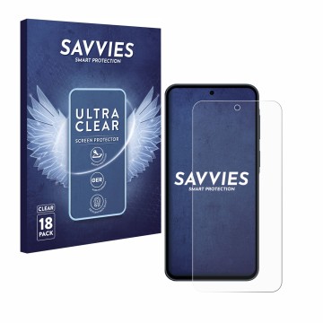 Parte frontal de un envase de producto con el logotipo de la marca Savvies. Al lado se muestra el dispositivo Samsung Galaxy A