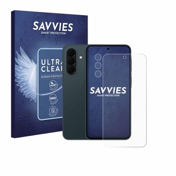 Parte frontal de un envase de producto con el logotipo de la marca Savvies. Al lado se muestra el dispositivo Samsung Galaxy A