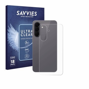 Parte frontal de un envase de producto con el logotipo de la marca Savvies. Al lado se muestra el dispositivo Samsung Galaxy A
