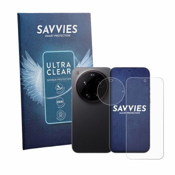 Front side of a product packaging with the brand logo Savvies. Next to it is the device Xiaomi 17 Ultra (Front+Camera) shown w
