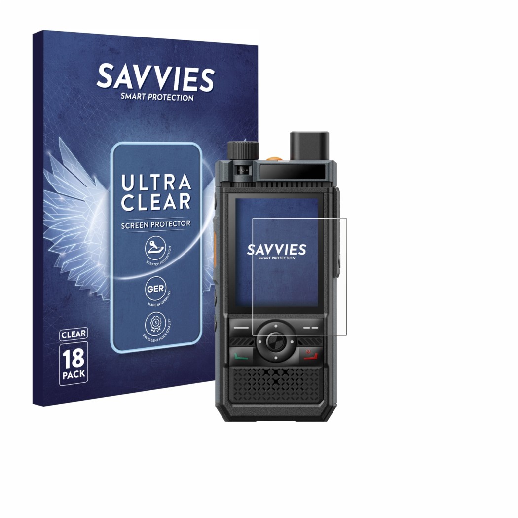 Front side of a product packaging with the brand logo Savvies. Next to it is the device Hytera P50 shown with the correspondin