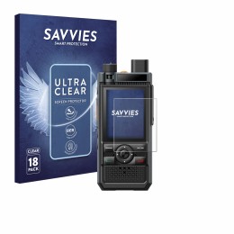 Parte frontal de un envase de producto con el logotipo de la marca Savvies. Al lado se muestra el dispositivo Hytera P50 con s