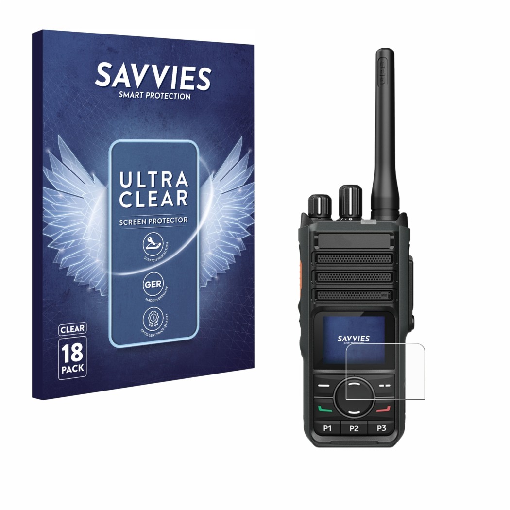 Parte frontal de un envase de producto con el logotipo de la marca Savvies. Al lado se muestra el dispositivo Hytera HP565 con