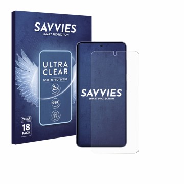 Front side of a product packaging with the brand logo Savvies. Next to it is the device Samsung Galaxy S26 shown with the corr