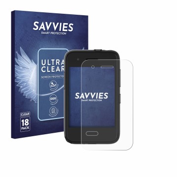 Front side of a product packaging with the brand logo Savvies. Next to it is the device Xplora One shown with the correspondin