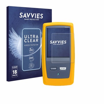 Face avant d’un emballage produit avec le logo de la marque Savvies. À côté, l’appareil Fluke DSX8000 est représenté avec la p