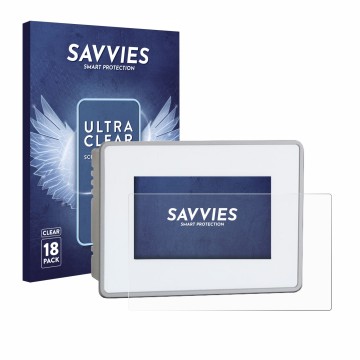 Front side of a product packaging with the brand logo Savvies. Next to it is the device BUCHER automation JetView 1004 shown w