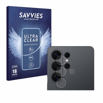 Vorderseite einer Produktverpackung mit dem Markenlogo Savvies. Daneben ist das Gerät Samsung Galaxy S26 Ultra (NUR Kameraschu