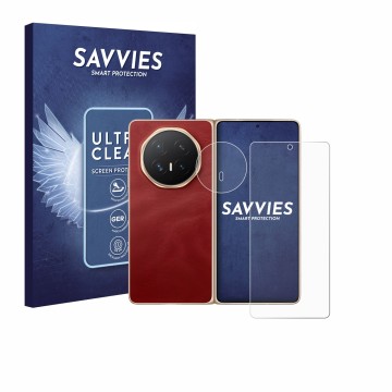 Front side of a product packaging with the brand logo Savvies. Next to it is the device Honor Magic V6 (Front+Camera) shown wi