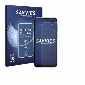 Vorderseite einer Produktverpackung mit dem Markenlogo Savvies. Daneben ist das Gerät Samsung Galaxy M36 mit dem zugehörigen D