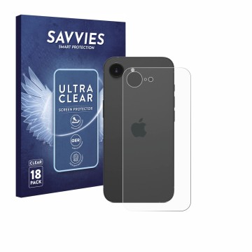 Vorderseite einer Produktverpackung mit dem Markenlogo Savvies. Daneben ist das Gerät Apple iPhone 17e (Rückseite) mit dem zug