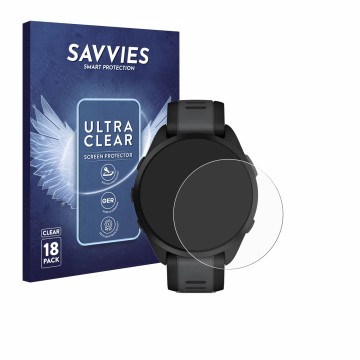 Vorderseite einer Produktverpackung mit dem Markenlogo Savvies. Daneben ist das Gerät Garmin Forerunner 165 Music mit dem zuge