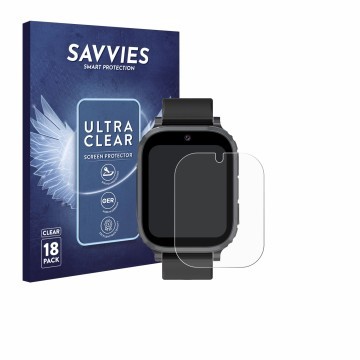 Vorderseite einer Produktverpackung mit dem Markenlogo Savvies. Daneben ist das Gerät Ruopoem Kids Smartwatch 4G mit dem zugeh