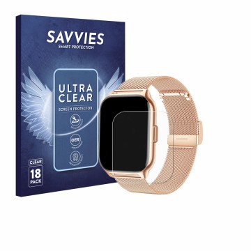Front side of a product packaging with the brand logo Savvies. Next to it is the device APAUK Smartwatch 2.01