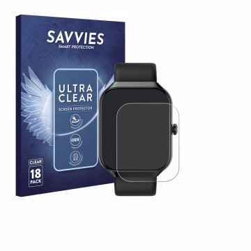 Parte frontal de un envase de producto con el logotipo de la marca Savvies. Al lado se muestra el dispositivo Matast Smartwatc
