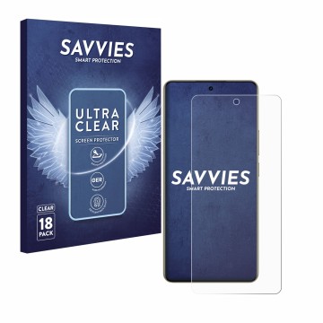 Front side of a product packaging with the brand logo Savvies. Next to it is the device realme 16 shown with the corresponding