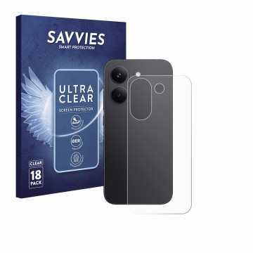 Face avant d’un emballage produit avec le logo de la marque Savvies. À côté, l’appareil Xiaomi Poco X8 Pro (Arrière) est repré