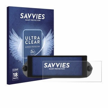 Front side of a product packaging with the brand logo Savvies. Next to it is the device Essgoo Android Autoradio 6.86