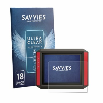 Vorderseite einer Produktverpackung mit dem Markenlogo Savvies. Daneben ist das Gerät Müller Elektronik TRACK‑Guide III mit de