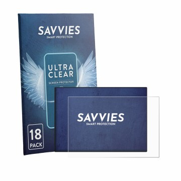 Front side of a product packaging with the brand logo Savvies. Next to it is the device CrossControl CCpilot V700 shown with t