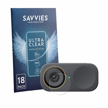 Parte frontal de un envase de producto con el logotipo de la marca Savvies. Al lado se muestra el dispositivo Insta360 Link 2C