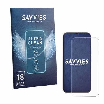 Vorderseite einer Produktverpackung mit dem Markenlogo Savvies. Daneben ist das Gerät realme C100i mit dem zugehörigen Display