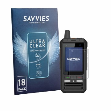 Parte frontal de un envase de producto con el logotipo de la marca Savvies. Al lado se muestra el dispositivo Uniwa F80S con s