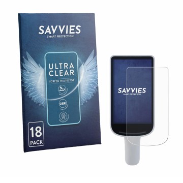 Front side of a product packaging with the brand logo Savvies. Next to it is the device Datalogic Joya Smart & Smart+ shown wi