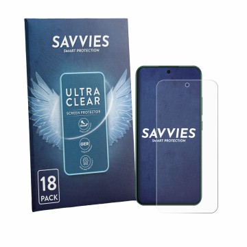 Front side of a product packaging with the brand logo Savvies. Next to it is the device Oppo F33 shown with the corresponding 
