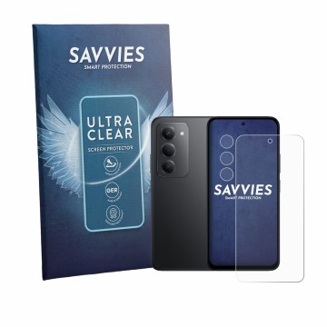 Front side of a product packaging with the brand logo Savvies. Next to it is the device Xiaomi Poco M8s (Front+Camera) shown w