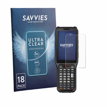 Front side of a product packaging with the brand logo Savvies. Next to it is the device Urovo RT40S shown with the correspondi