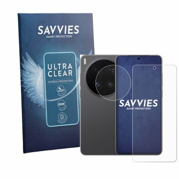 Parte frontal de un envase de producto con el logotipo de la marca Savvies. Al lado se muestra el dispositivo Vivo X300 Ultra 